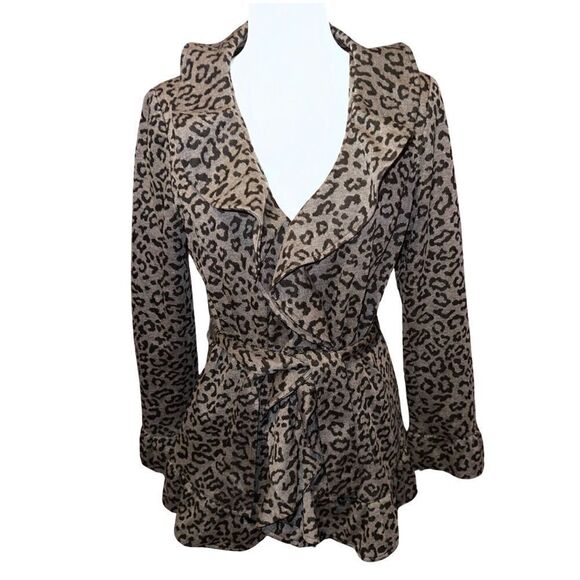 Sandro Studio Black Grey Leopard Print Ruffle Front Belted Jacket Size Medium - Picture 1 of 7